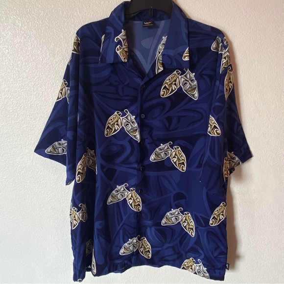 B12 Ibeu Vintage Men's Blue Patterned mask Shirt Size XXL short sleeve button up
